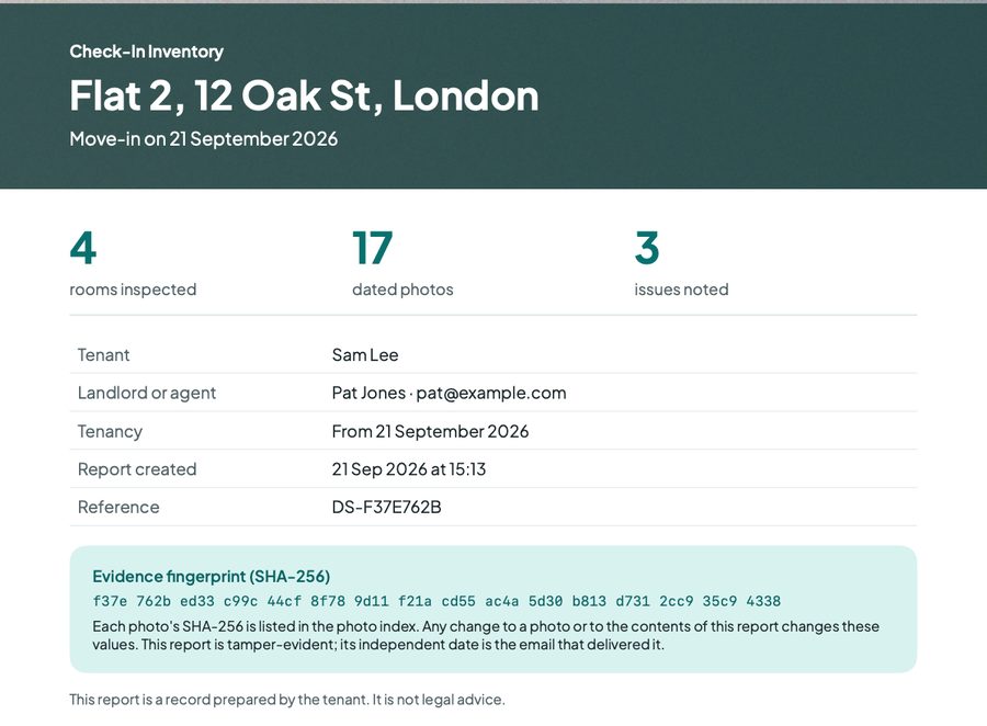 Report cover: address, move-in date, rooms, photo and issue counts, and the evidence fingerprint