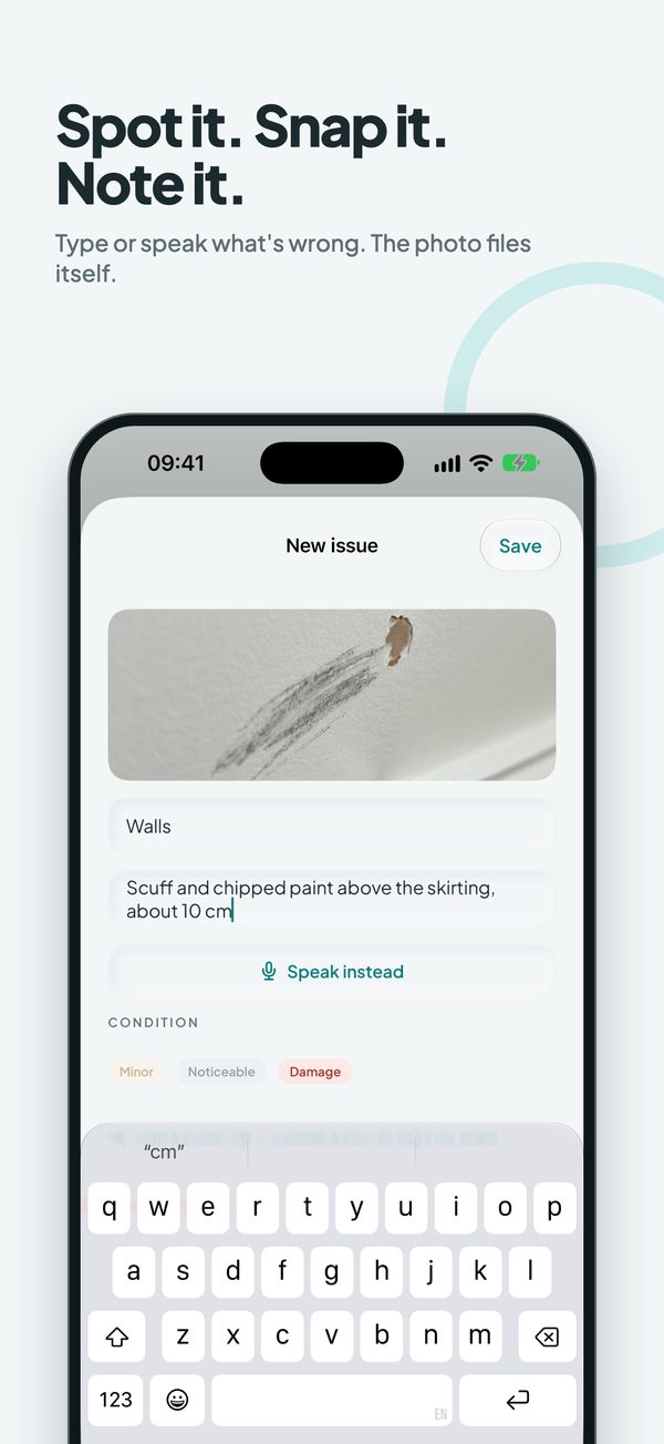 Adding an issue: a photo of a scuff with a typed note